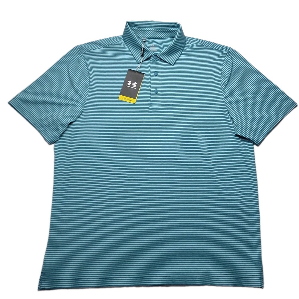 NWT Under‎ Armour Golf Polo UPF 50 men's L Blue Green Light Blue Stripe